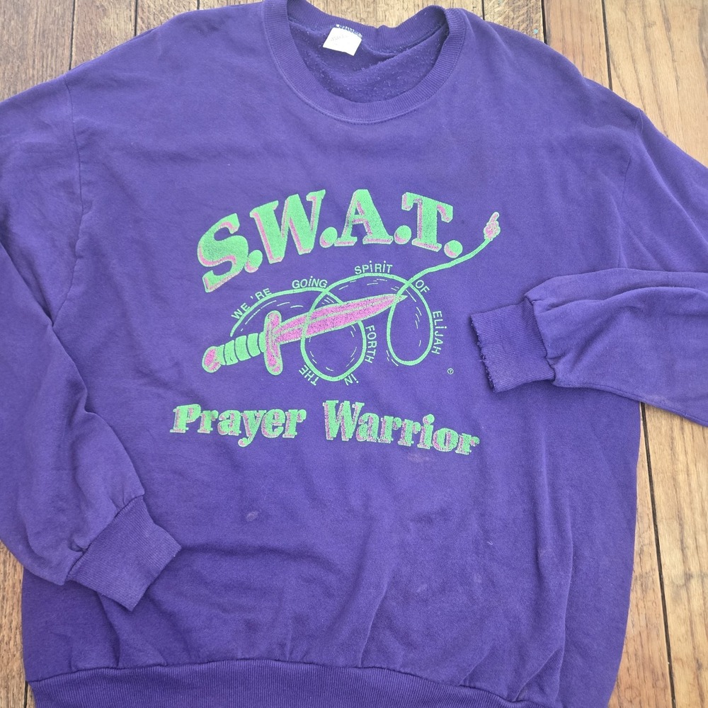 Vintage 80s Swat Prayer Warrior Crewneck Sz Lg Mens Purple Religious  Jesus